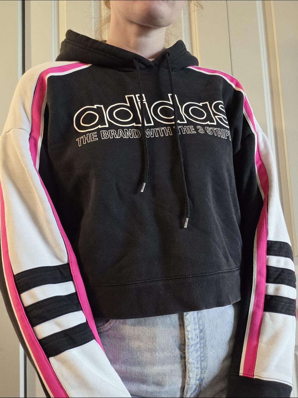 Adidas Black Cropped Hoodie with Pink & White Sleeve Panels